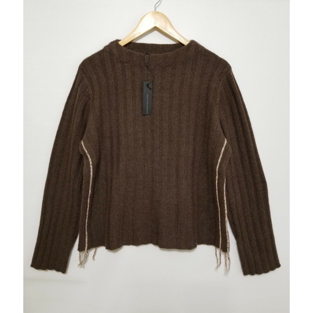 NWT 360 Cashmere Emberlyn Ribbed Cashmere Sweater Truffle Brown Side Fringe M